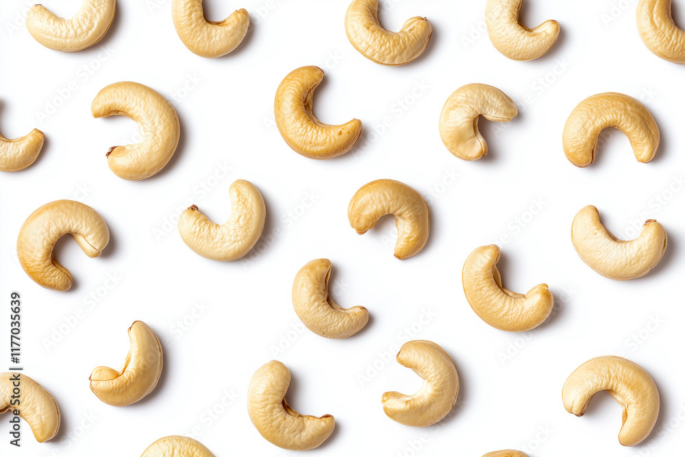 Top view of roasted cashew nuts on white background Top view of roasted cashew nuts on white background