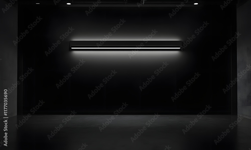 Minimalist light installation on dark wall in empty room.