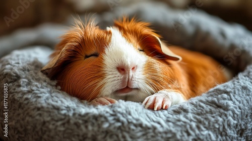 Cute orange guinea pig relaxing on a cozy knitted bed in a warm, inviting hom...