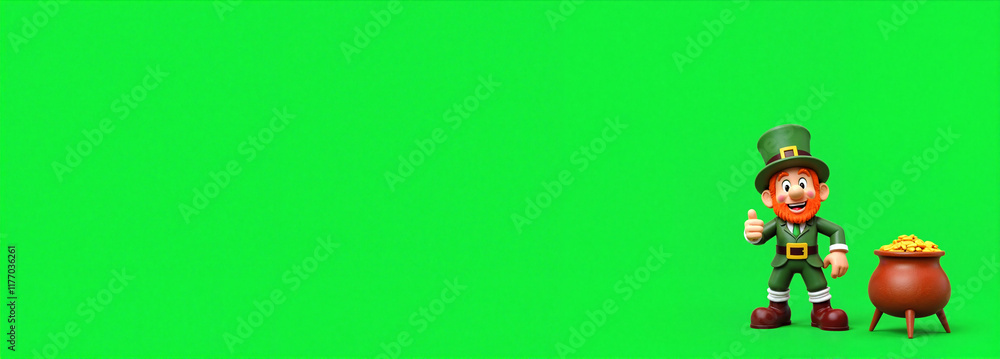 Leprechaun with pot of gold on a bright green background Leprechaun with pot of gold on a bright green background