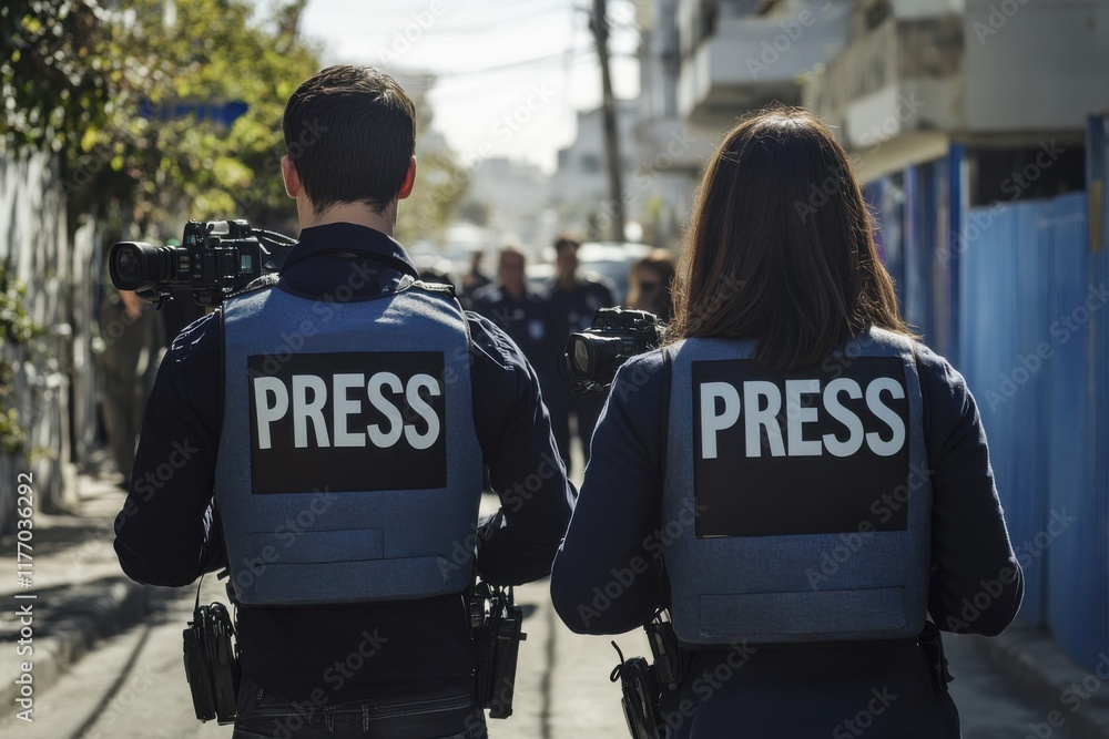 A view of male and female journalists working during a police raid, from behind, without their faces visible A view of male and female journalists working during a police raid, from behind, without their faces visible