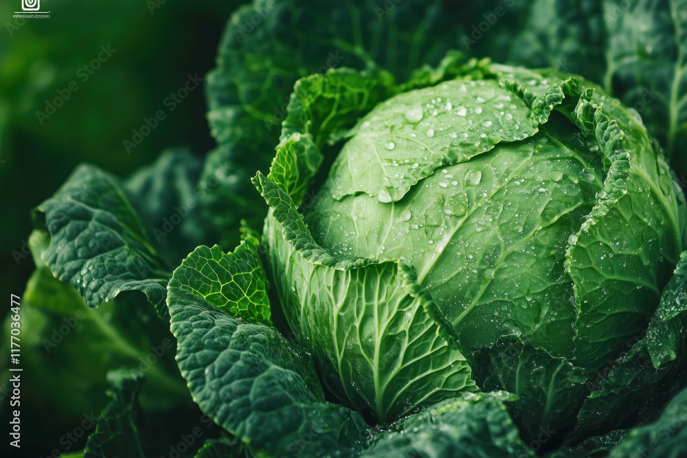 Fresh green cabbage with water droplets in the garden Fresh green cabbage with water droplets in the garden