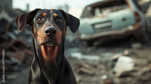 An attentive Doberman poses in the midst of a junkyard with an old car in the background, exuding curiosity and alertness amidst the scene of neglect. photo