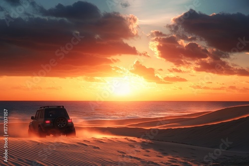 Praia Encantada: Carro Off-Road nas Dunas ao PÃ´r do Sol, Uma Paisagem de Areia e Natureza photo