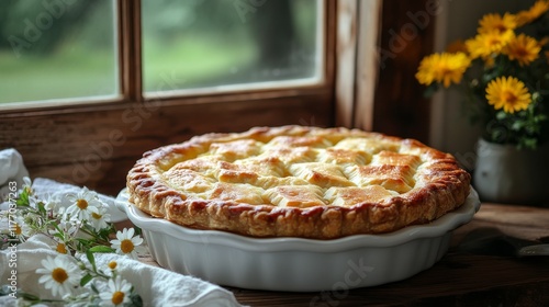 Homemade apple pie cooling on a windowsill with blooming flowers in a cozy ki...