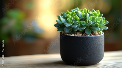 Attractive succulent plant in a modern black pot positioned on a bright woode...