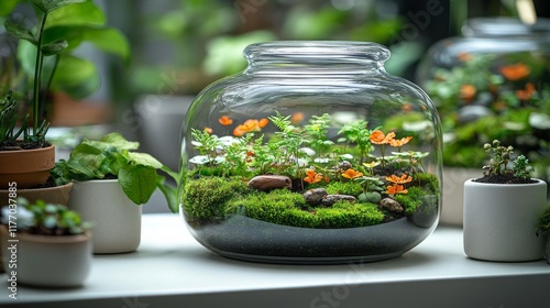 Lush greenery captured in a glass terrarium on a bright windowsill in a seren...
