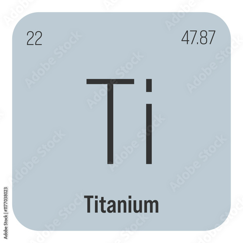 Titanium, Ti, periodic table element with name, symbol, atomic number and weight. Transition metal with various industrial uses, such as in aerospace, medical implants, and as a component in certain