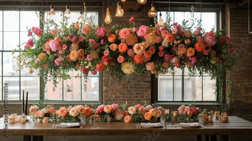 Colorful floral arrangement above a vintage wooden mantel with soft lighting