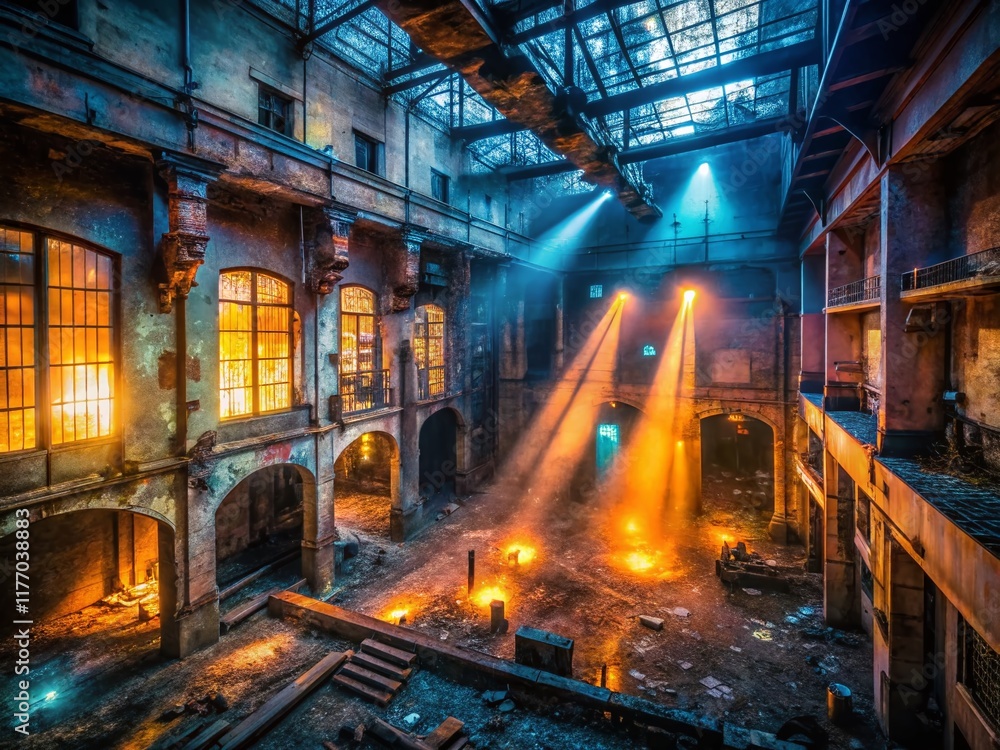 Obraz premium Abandoned Building Interior: Glowing Lights in Urban Decay