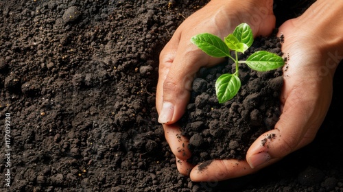 Hands Holding Sprout in Dark Soil