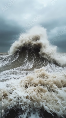 Waves crashing near a lighthouse during a stormy sunset at the coastline