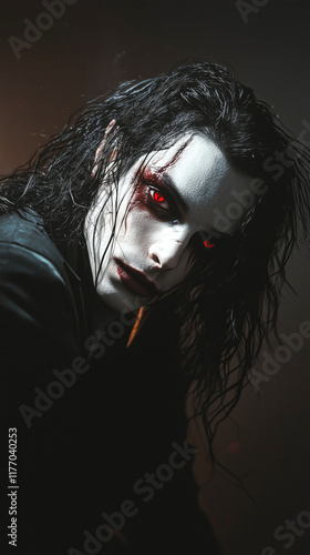 Menacing Vampire with Pale Skin and Blood-Red Lips photo