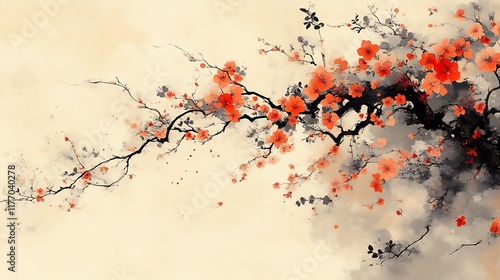 Watercolor Painting of a Branch with Red Blossoms