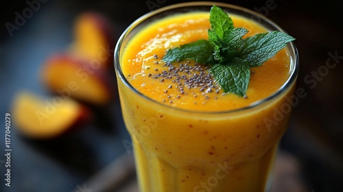 Refreshing mango smoothie garnished with mint leaves and diced mango
