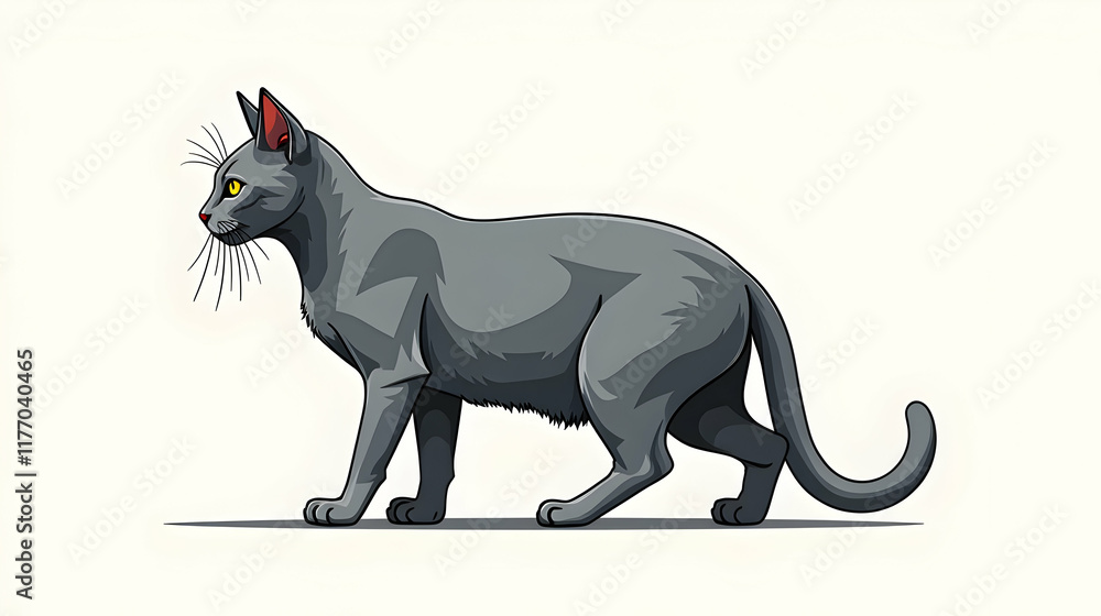 Obraz premium Elegant Gray Cat: A Majestic Stroll Against a Pristine White Background. Observe its graceful pose and piercing gaze.