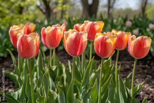 Vibrant red tulips bloom in a sunny garden during springtime