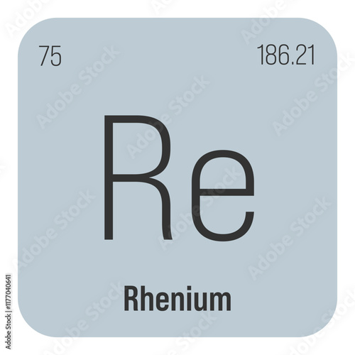 Rhenium, Re, periodic table element with name, symbol, atomic number and weight. Transition metal with various industrial uses, such as in superalloys, electrical contacts, and as a catalyst in