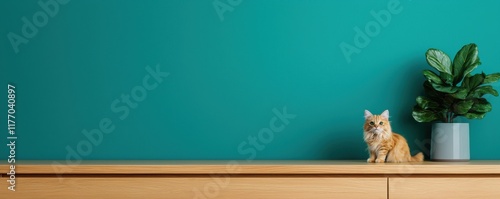 Wallpaper Mural Cozy interior with a cat on a wooden shelf against a teal wall. Torontodigital.ca