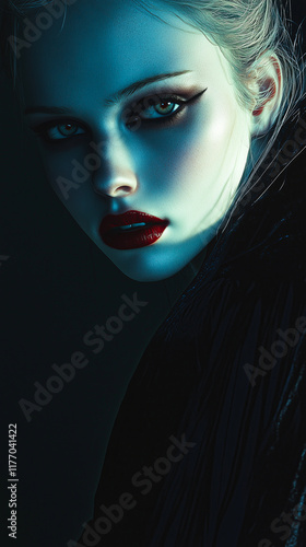 Pale-Skinned Vampire with Blood-Red Lips in a Threatening Pose photo