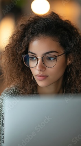 Young woman focused on laptop screen in cozy indoor setting during evening hours