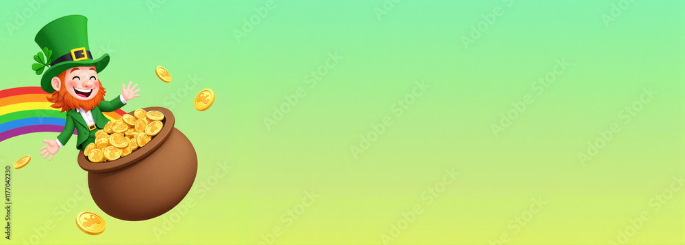 Leprechaun and pot of gold illustration with rainbow gradient background Leprechaun and pot of gold illustration with rainbow gradient background