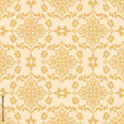 Gold and cream damask seamless vector pattern. Elegant luxury texture for wallpapers, ceramic potter, clothing, and backgrounds. 