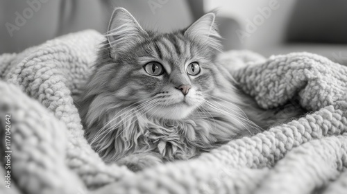 Fluffy cat peacefully sleeping on cozy blanket in soft light setting