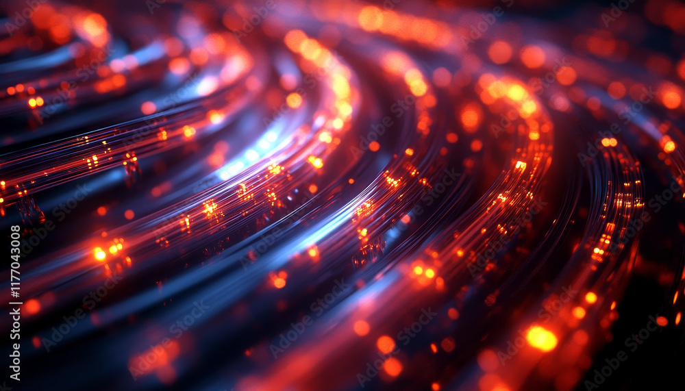 Vibrant fiber optic cables glowing with bright lights in dynamic flow Vibrant fiber optic cables glowing with bright lights in dynamic flow