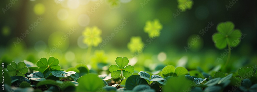 Shamrocks in lush greenery glowing under sunlight Shamrocks in lush greenery glowing under sunlight
