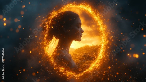 Mystical silhouette surrounded by glowing flames at sunset by a scenic landscape