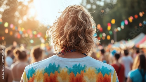 A festival-goer sporting a tie-dye shirt with long wavy hair enjoys a lively outdoor event, reflecting the vibrant and free-spirited nature of festivals. photo