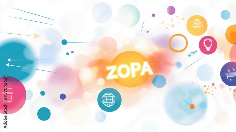 Obraz premium Vibrant abstract design with colorful circles and icons showcasing technology and global communication