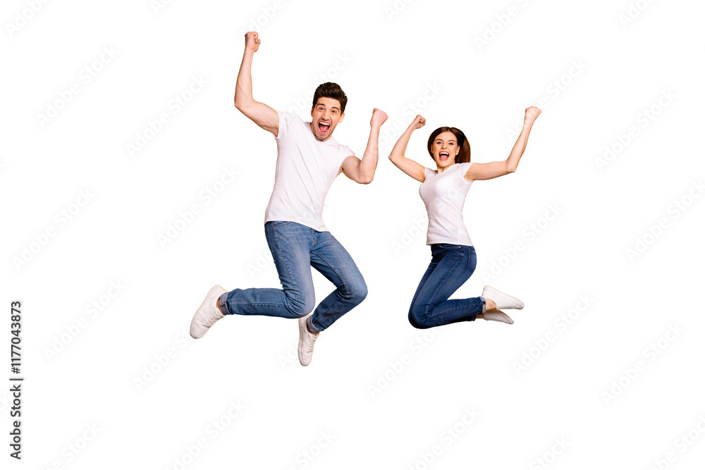 Full length body size photo funky she her he him his pair jumping high raised fists yell scream shout loud cheerleader football fans wear casual jeans denim white t-shirts isolated yellow background Full length body size photo funky she her he him his pair jumping high raised fists yell scream shout loud cheerleader football fans wear casual jeans denim white t-shirts isolated yellow background