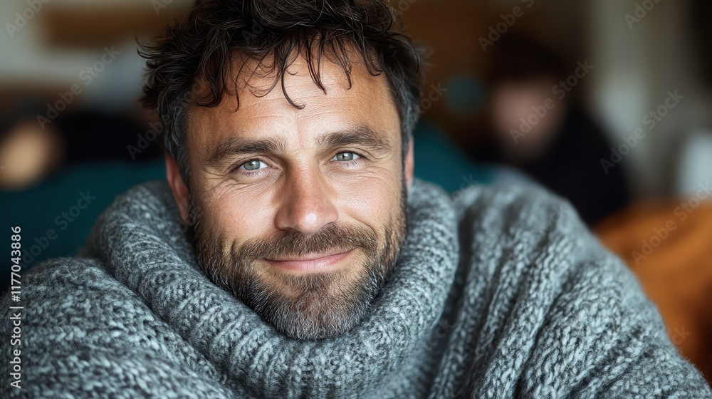 Man with a warm smile wearing a chunky gray sweater, exuding a sense of comfort and warmth, set in a cozy interior, inviting sense of homeliness. Man with a warm smile wearing a chunky gray sweater, exuding a sense of comfort and warmth, set in a cozy interior, inviting sense of homeliness.