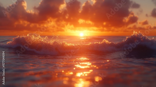 Sunset over the ocean with waves crashing on the shore in a serene coastal lo...