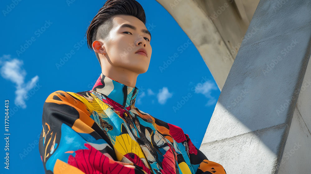 Obraz premium A fashionable Asian man poses powerfully in a colorful shirt against a bright blue sky, illustrating a mix of style and individuality with a contemporary aesthetic.