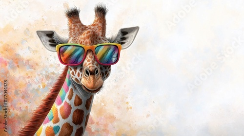 A vibrant and whimsical cartoon illustration of a giraffe wearing neon sunglasses, boasting a colorful striped pattern on its fur, set against a clean white background.