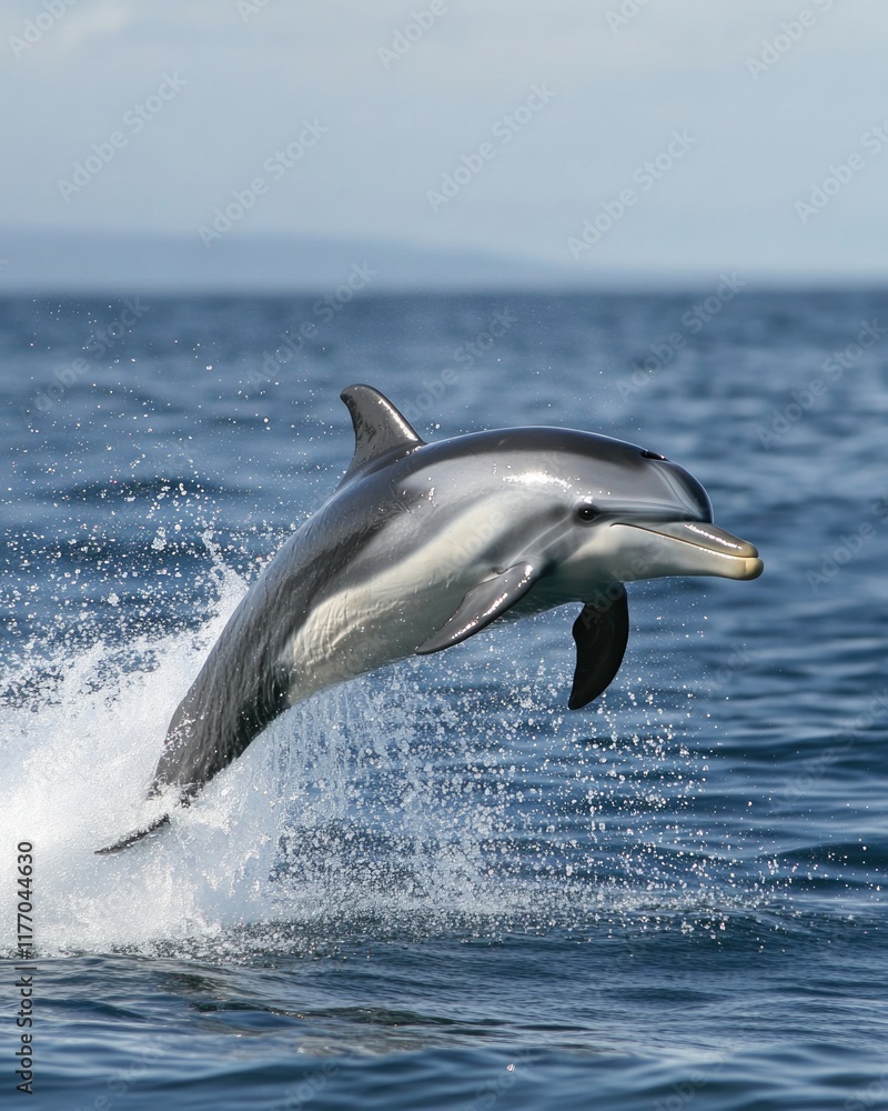 Obraz premium Single Dolphin Leaping through Waves against a Blue Sky: A Celebration of Ocean Nature