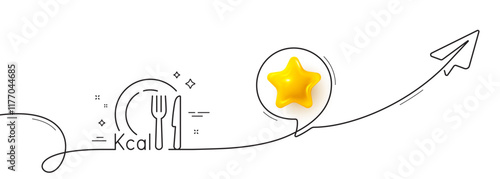 Calories line icon. Continuous line with share plane. Diet kcal sign. Low calorie food symbol. 3d star in speech bubble. Calories single line ribbon. Loop curve pattern. Vector