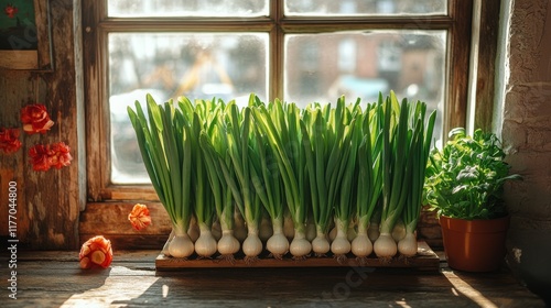 Freshly harvested green onions displayed on a rustic wooden table in a vibran...