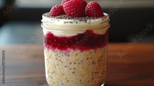 Delicious raspberry chia pudding parfait served in a glass jar on a wooden table