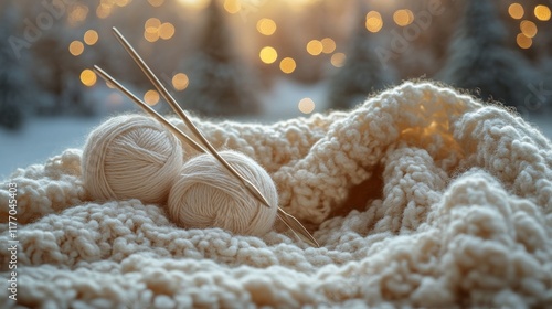 Soft white yarn balls and knitting needles arranged on a cozy knitted blanket...