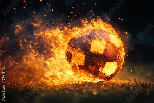 Dynamic flaming soccer ball in motion against a dark backdrop showcasing inte...
