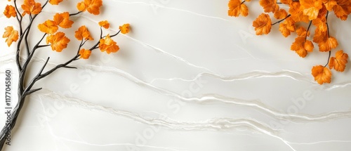 Autumnal Orange Leaves on Elegant White Marble Background Flat Lay Fall Decor