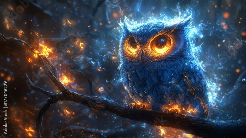 Owl perched on a snowy branch with glowing orange eyes in a winter landscape ...