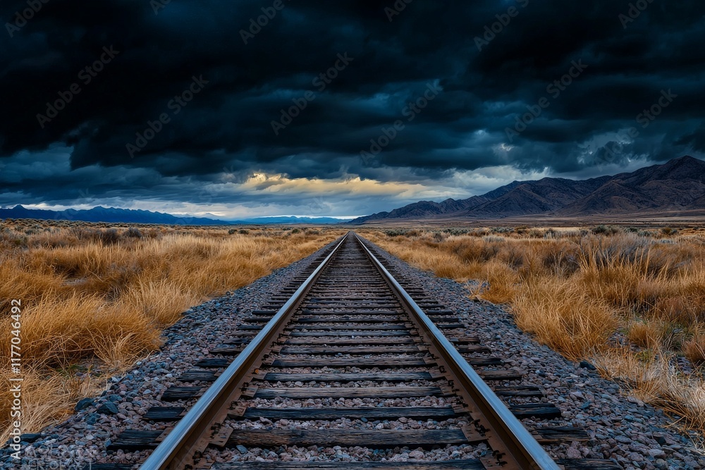 Empty Railroad Tracks Vanish into the Distance Under Dramatic Cloudy Sky and Mountains in a Breathtaking Landscape Scenic View of Nature's Beauty Empty Railroad Tracks Vanish into the Distance Under Dramatic Cloudy Sky and Mountains in a Breathtaking Landscape Scenic View of Nature's Beauty