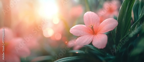 Serene Pink Flowers in Sunlight Dewdrops on Petals Soft Focus Garden Bloom
