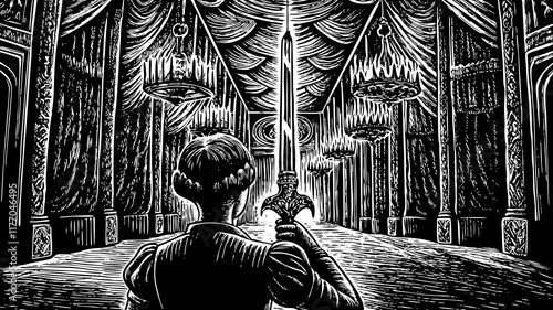 Dramatic black and white illustration of a woman figure holding a sword in a grand hall