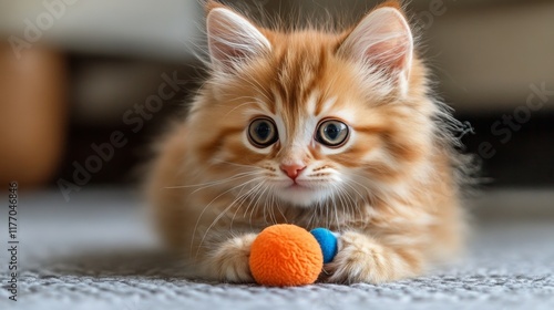 Playful kitten exploring a colorful toy on a soft rug in a cozy living room s...